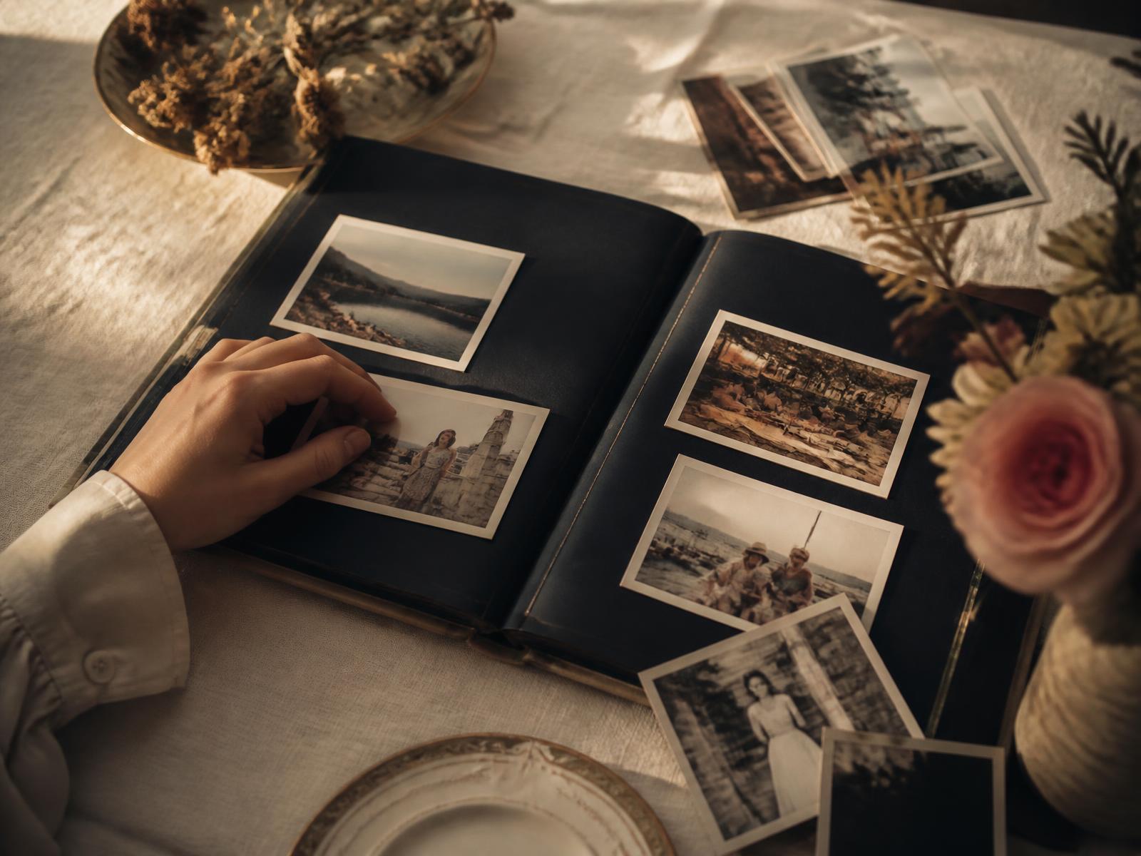Des mains feuilletant un album de photographies dans une lumière douce
